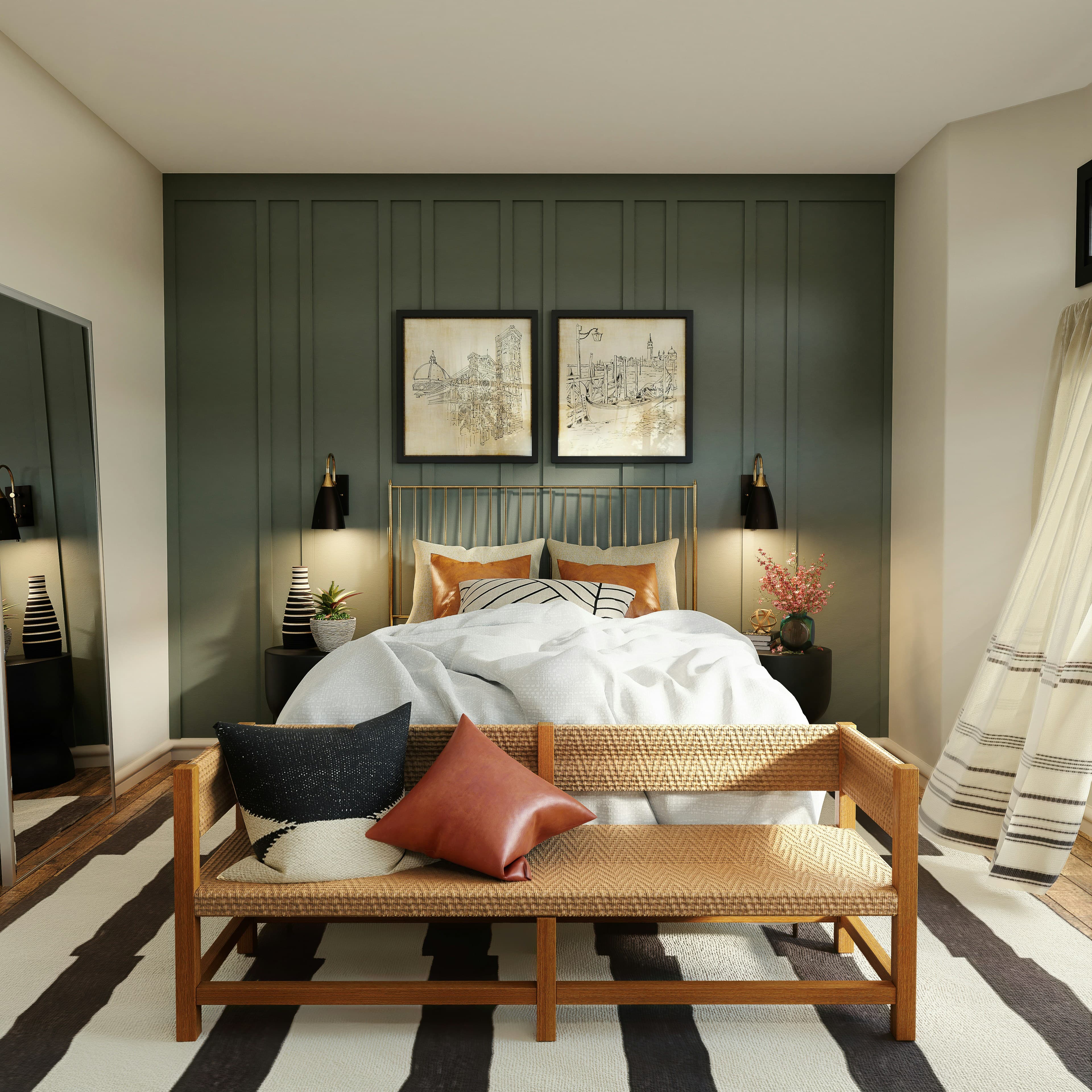 Interior design Sydney: bedroom with sage green panelled feature wall, brass bed frame, and striped rug