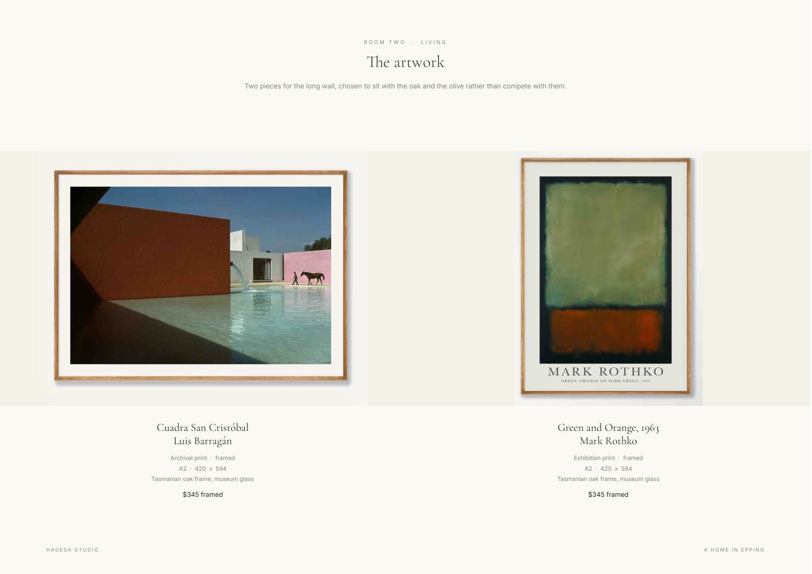 A page from a Hadeda Studio artwork selection, showing two framed works sized and specified for the room