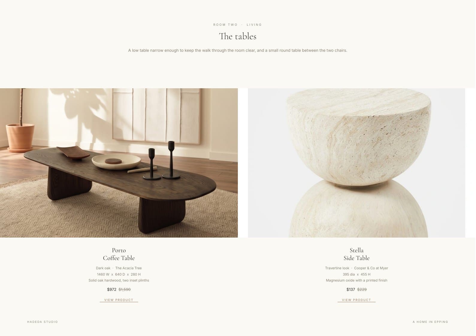A page from a Hadeda Studio furniture selection, showing tables with sizes, suppliers and prices