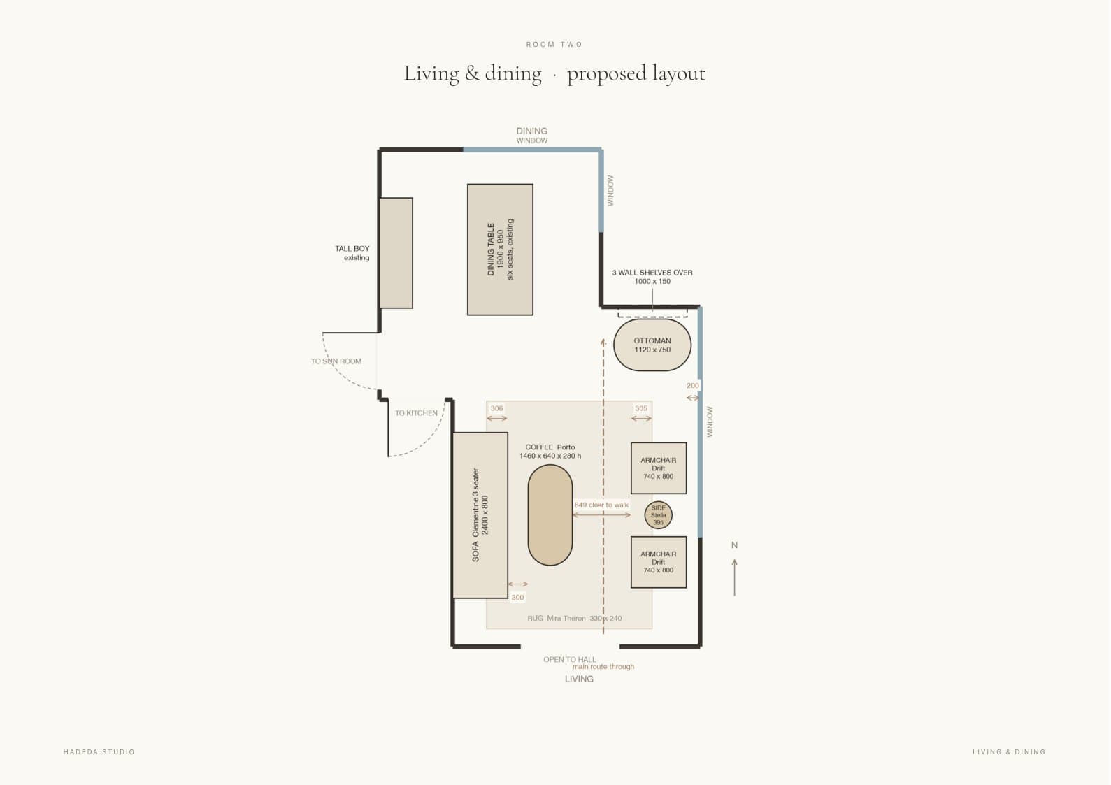 A page from a Hadeda Studio furniture selection, showing the room set out on a plan drawn to scale