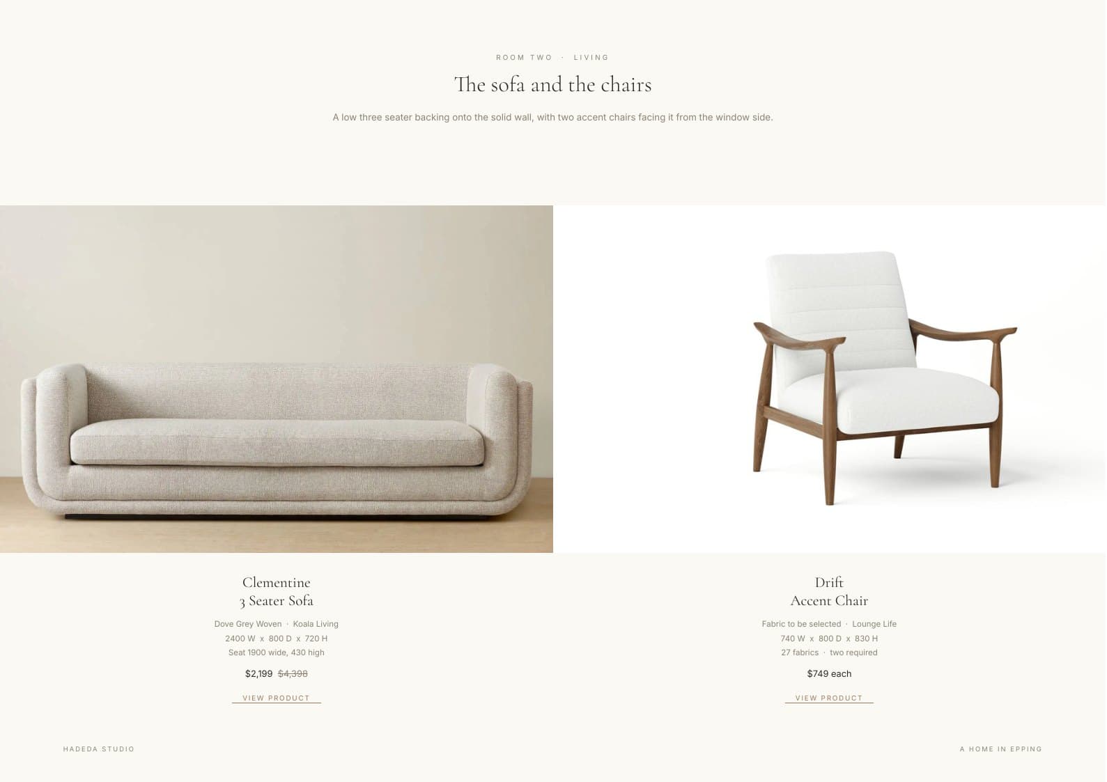 A page from a Hadeda Studio furniture selection, showing a sofa and accent chairs with sizes, suppliers and prices