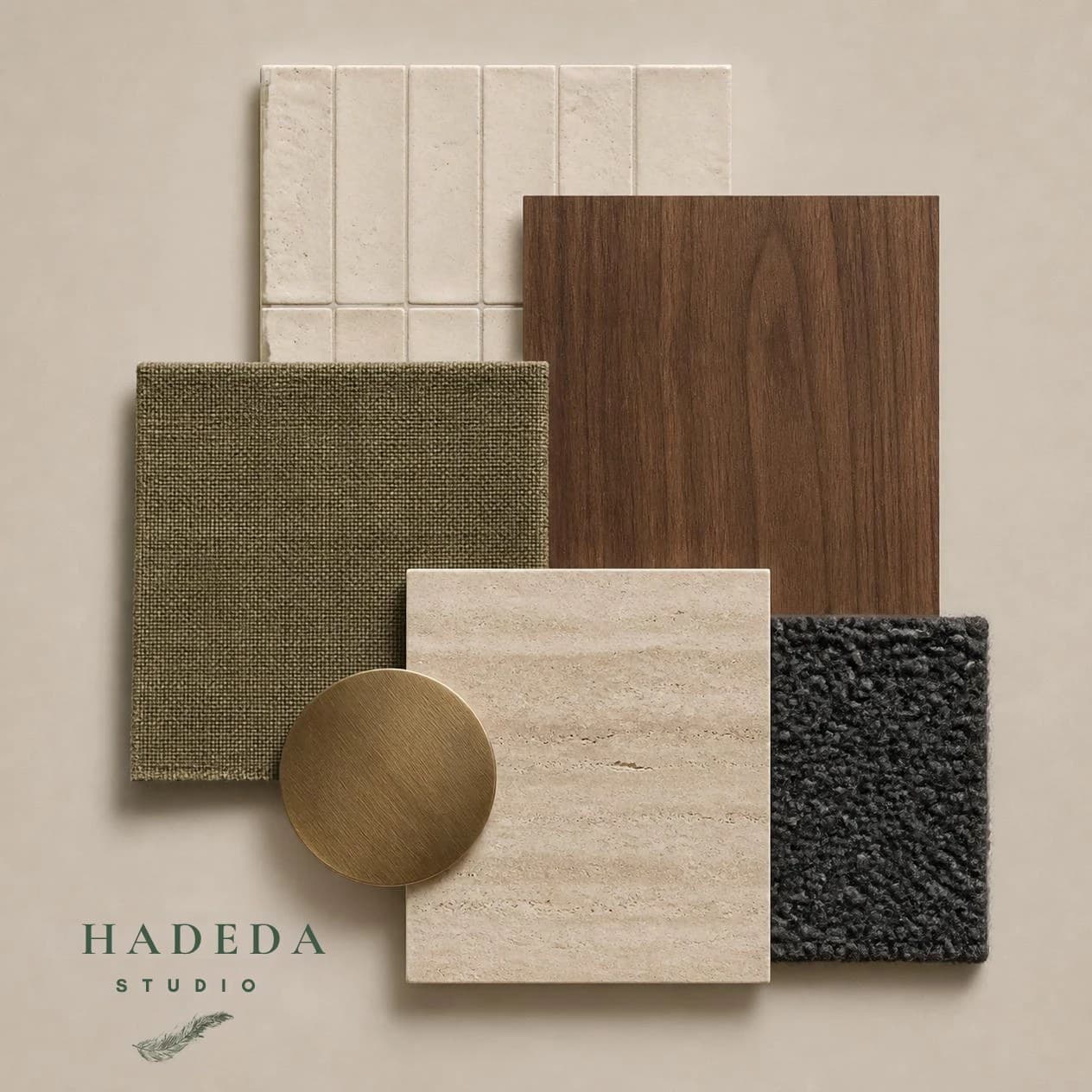 Material palette: olive linen, walnut, travertine, aged brass and a charcoal carpet laid out together